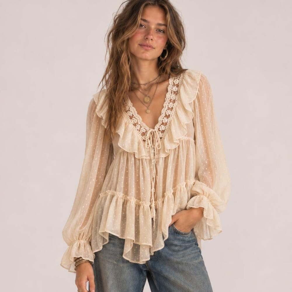 NWT Urban Outfitters Beaded Sheer Babydoll Top XL Swiss Dot Ruffle Boho Fairy